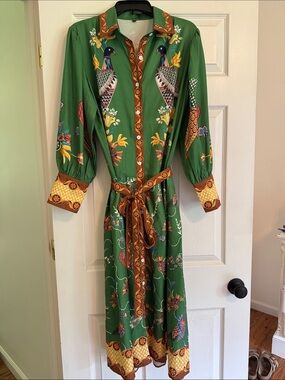 Green Printed Long-Sleeve Shirt Dress with Belt